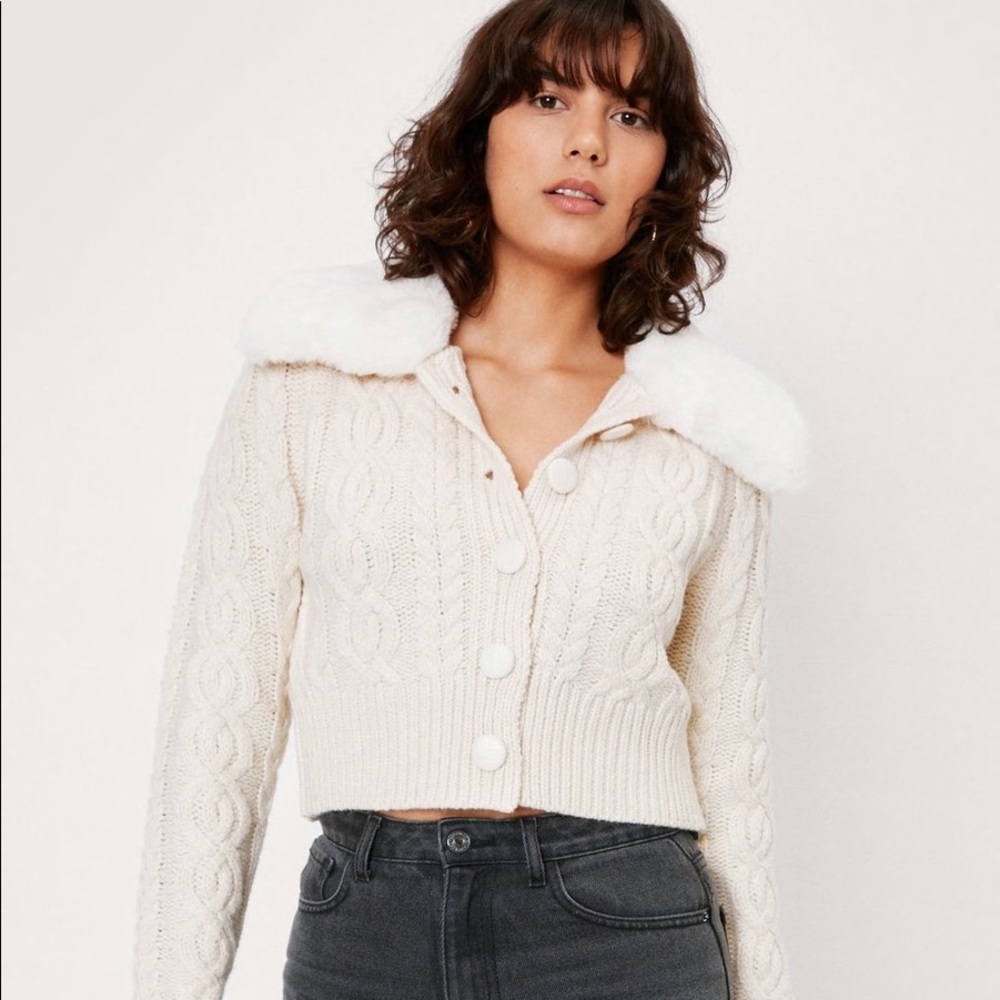 Nasty Gal Cream Faux Fur Cable Knit Button Cardigan